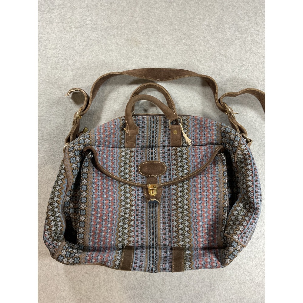 Vintage Tucky Tapestry Duffel Bag Suede Trim Boho Weekend Travel Carryall Blue